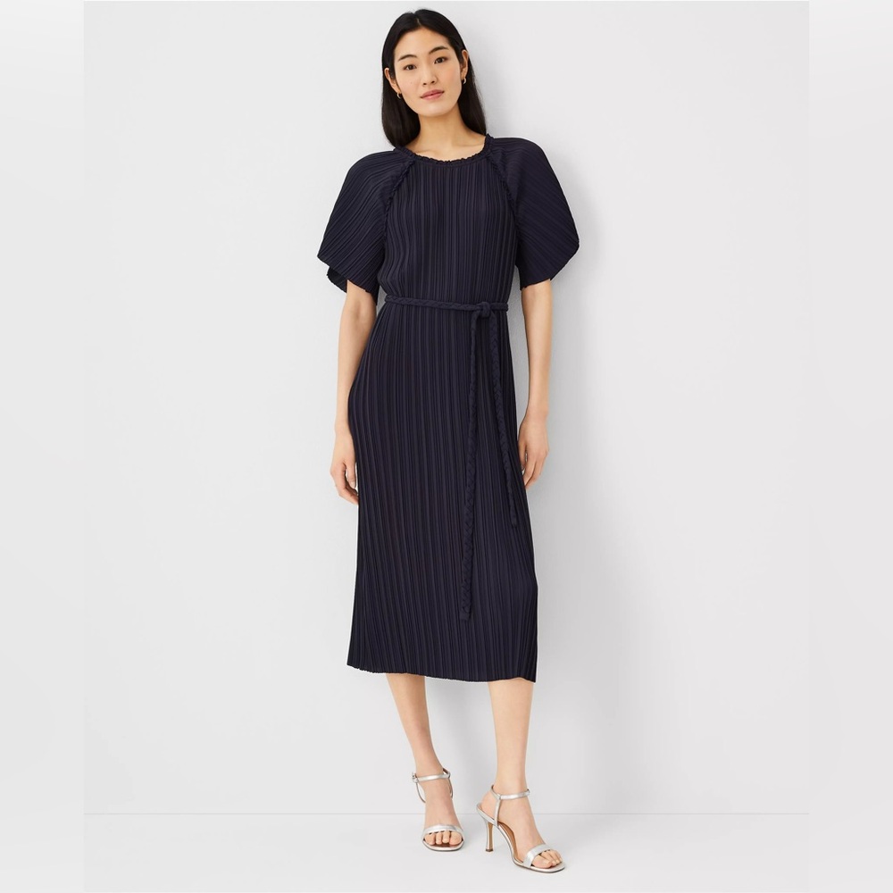 Ann Taylor Blue Midi Plisse Dress with Belt